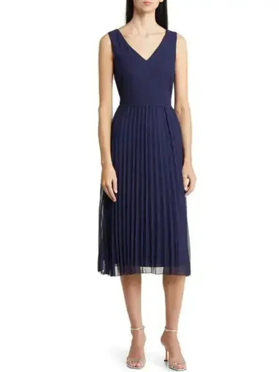 Sam Edelman pleated skirt midi dress - navy size 0 Flowy wedding guest - Picture 1 of 9